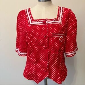 VTG Women’s Sz. 12 90s Red White Polka Dot Button Up Blouse Rockabilly Sailor
